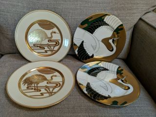 4 Fitz & Floyd Salad Plates - 2 Golden Tancho Stork,  2 Golden Heron