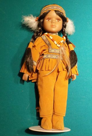 Cathay Girl Indian Porcelain Doll Tribal Outfit With Feathers On Her Headdress