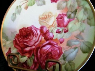 Antique Signed Hand Painted Porcelain Plate Thomas Sevres Bavaria Roses Gilded