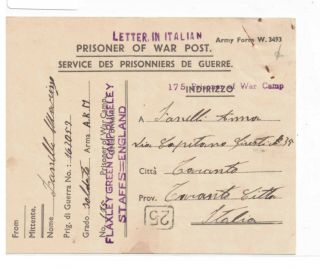 Gb - Wwii P.  O.  W Card To Italy - Ex - " Laxley Green Camp,  Rugeley,  Staffs 10.  2.  1946