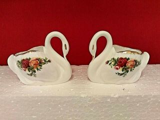 Set Of 2 Royal Albert Old Country Roses Swan Toothpick Holders - Made In England