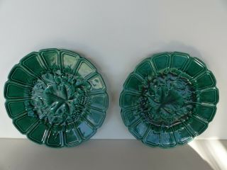 2 Antique French Majolica Green Sarreguemines Grape Leaf Plates 8.  75 Inches