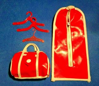 Vintage 60s Barbie Doll Sized Red Vinyl Garment & Duffle Travel Bags,  3 Hangers