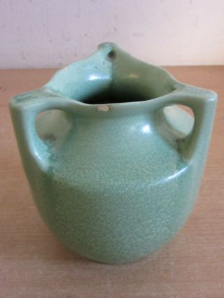 Antique Arts & Crafts Studio Pottery Matte Green Triple Handle Vase 5 "