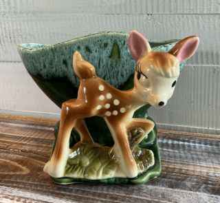 Vintage Mid Century Pottery Fawn Deer Green Glazed Planter Usa