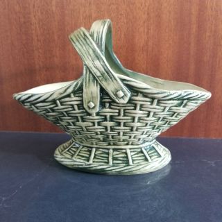 Vintage Mccoy Art Pottery Green Basket Planter With Double Handles