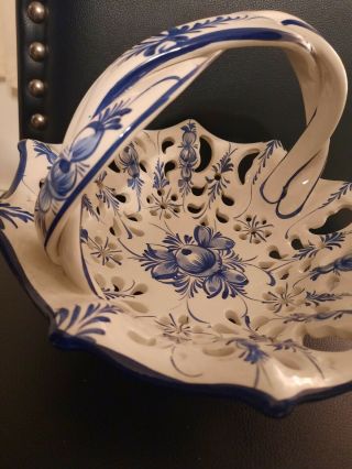 Rccl Portugal Porcelain Reticulated Basket W/ Handle Hand Painted Blue White 10 "