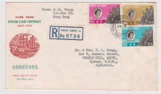 (k160 - 3) 1962 Hong Kong Fdc 80c Stamp Centenary Reg No.  8784 To Australia (c)
