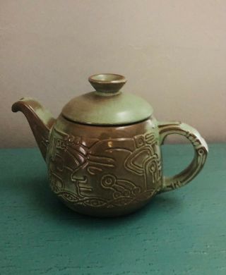 Vintage Frankoma Art Pottery Mayan Aztec Prairie Green Big Teapot Ceramic Clay 7