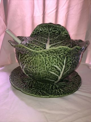 Vtg Green Cabbage Bordallo Pinheiro Soup Tureen With Lid,  Ladle,  And Plate
