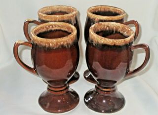 Set Of 4 Vintage Hull Pottery Brown Drip Pedestal Coffee Mug Cup Usa