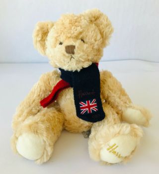 Harrods Plush Teddy Bear Wearing Knit Scarf With Uk Flag Soft Vanilla Beige