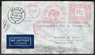 374 Germany To Chile Air Mail Cover 1938 Lufthansa Mechanic Cancel Elstermesser