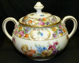 Vtg Schumann Bavaria Dresden Flowers Porcelain Handled Sugar Bowl W/ Lid Germany