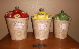 3piece Set Of Pfaltzgraff “delicious” Bright/colorful Apple Canister/cookie Jars