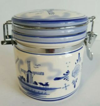 Vintage Delft Holland Jar With Lid Hand Painted Windmill Floral Blue & White