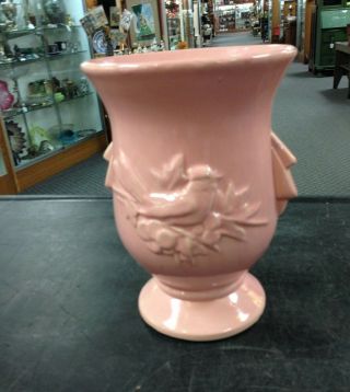 Vintage Mccoy Pottery Pink Vase With Bird & Berries Motif 8 " Tall 1940 