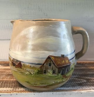 Vintage Hand Painted Homestead Scene Stoneware Pottery Pitcher 7 " Tall