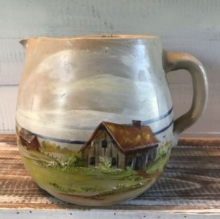 Vintage Hand Painted Homestead Scene Stoneware Pottery Pitcher 7 