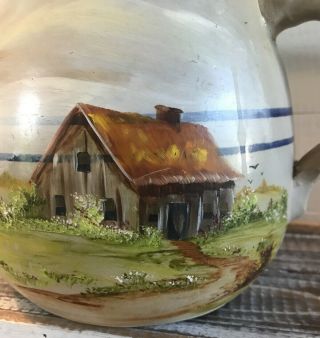 Vintage Hand Painted Homestead Scene Stoneware Pottery Pitcher 7 