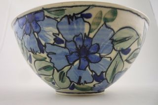 Large Centerpiece Bowl Hand Painted Blue Flowers White Studio Pottery - Signed
