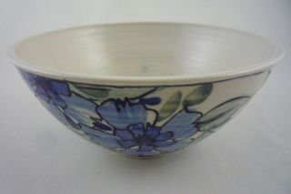 Large Centerpiece Bowl Hand Painted Blue Flowers White Studio Pottery - Signed 2