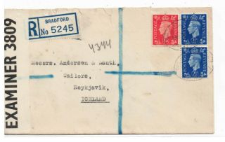 Gb/iceland - Registered,  Censored Cover From Bradford To Iceland 19.  2.  1941