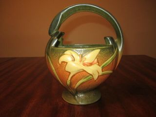 Vintage Roseville Pottery Zephyr Lily Basket Green/brown 393 - 7