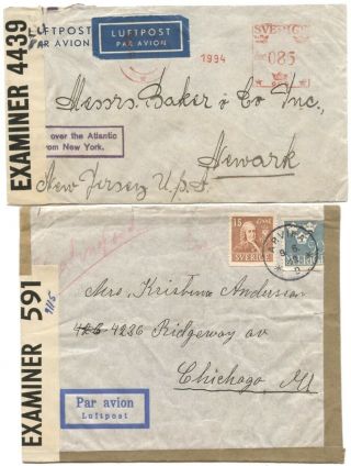 Sweden Two 1942 Air Covers To Usa W/bermuda Or Uk Censor Label,  Different Rates