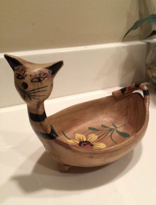 Vintage Mcm Florentine Italian Pottery Hand Painted Cat Yarn Bowl Or Dish Italy