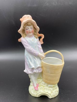 Antique German Bisque Girl Figurine With Basket Collectible Toothpick Holder