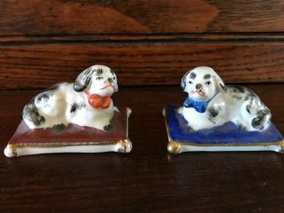 Antique Staffordshire Dog Pair.  Spaniels Seated On Cushions