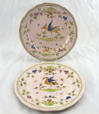 2 Antique French Faience Bird Plates 9 - 1/4 "