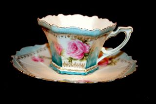 Incredible Rs Prussia Tea Cup & Saucer W/ Pink Roses And Fine Gold Highlights Rm