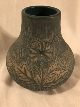 Vintage Red Wing Stoneware Vase Teal Blue With Flower Design