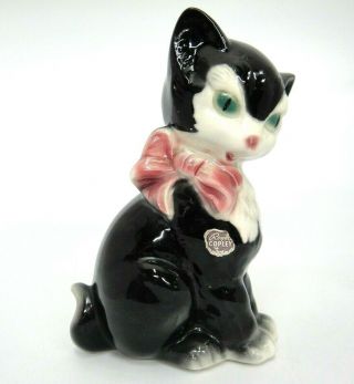 Royal Copley Black Cat Kitten Figurine Pink Bow Looking Down Label 8 "