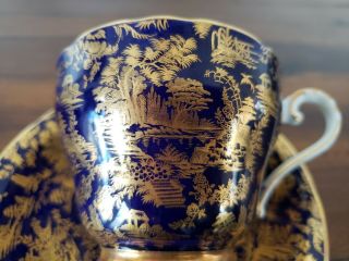 Rare Aynsley Tea Cup And Saucer Cobalt Blue All Over Gold Asian Motif