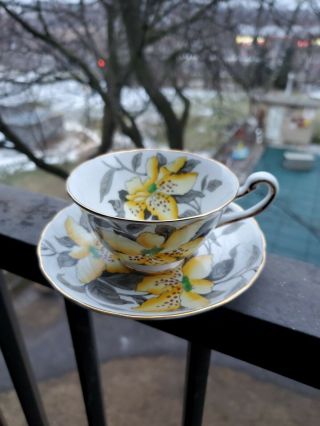 Handpainted Gray And Yellow Flower Royal Chelsea Tea Cup And Saucer Set Iris