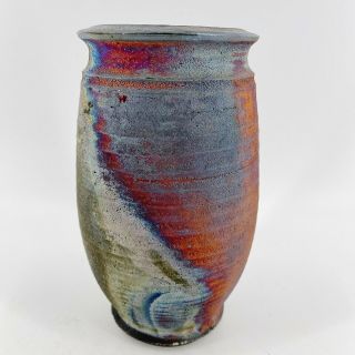 Vintage Signed Raku Studio Art Pottery Iridescent Vase Jardiniere Rust Blue 8 "
