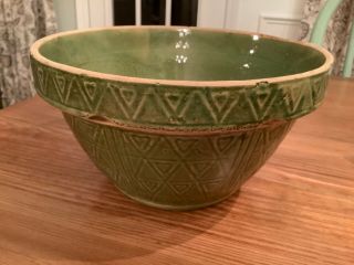 Antique Primitive Yellow Ware Pottery Bowl Green Hearts & Triangles 8”