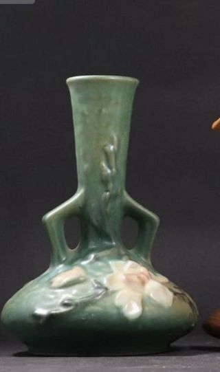 Vintage Roseville Pottery Magnolia Blue Double Handled Bud Vase 179 - 7