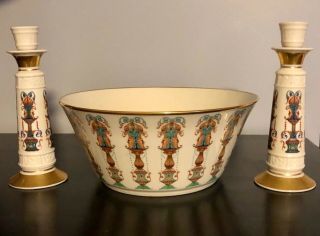 Vintage Lenox Lido 2 Candlesticks & Large Serving Bowl - Hand Decorated W/24k Gold