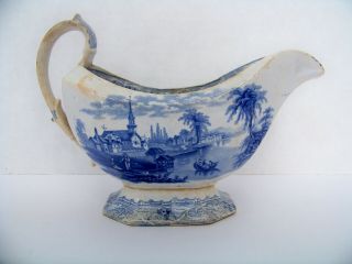 Early Unmarked Antique Ironstone Blue Transferware Footed Gravy Boat Pitcher