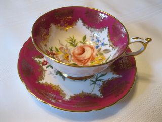 Vintage Paragon Cup And Saucer Red With Flowers,  Gold Decoration Warrant