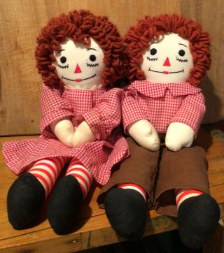 Raggedy Ann & Andy Cloth Handmade Dolls 15” Tall All Cloth Yarn