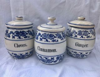 Set Of 3 Antique Flow Blue Spice Jars With Lids Made In Germany