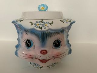 Vintage Lefton Miss Priss Kitty Cookie Jar Blue Cat Kitten Japan 1502