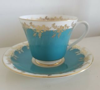 Aynsley England Tea Cup And Saucer Turquoise & Gold