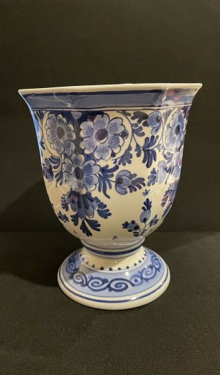 Vintage Blue And White Porceleyn De Fles Of Delft Vase 7in Tall 5.  5 In Wide