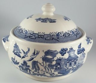 Churchill England Blue Willow Covered Vegetable Casserole Dish Soup Tureen W Lid